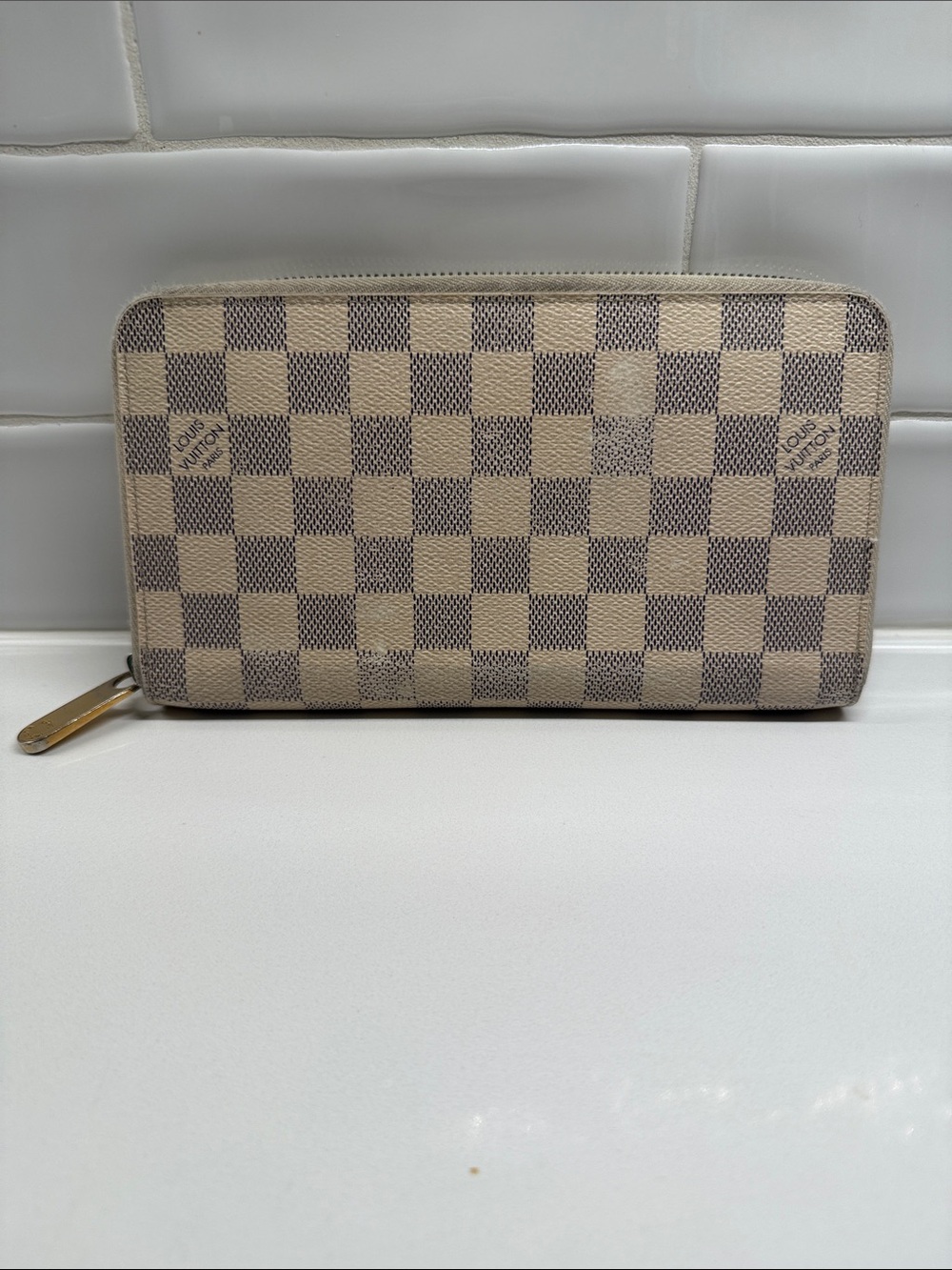 Louis Vuitton Damier Azur Zip Wallet in Beige and Brown